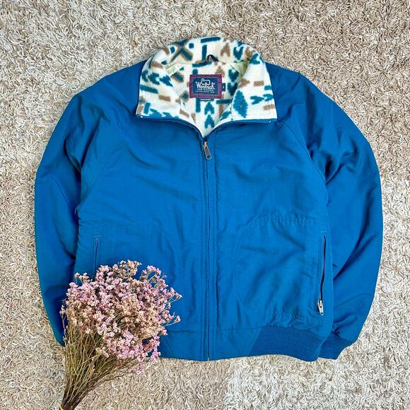 90s Vintage Woolrich Blue Bomber Jacket Nylon Fleece Made In USA Women’s Size M - Picture 1 of 6